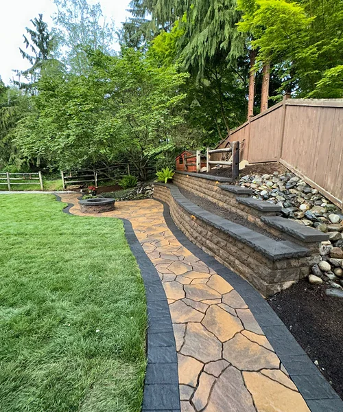 Installation of natural Grass, Retaining wall construction & Fire Pit in Lake Stevens 